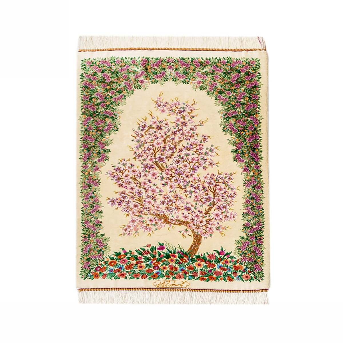 فرش دستباف 60 در 90 تمام ابریشم نقشه شکوفه گیلاس زمینه کرم مارک مهپور