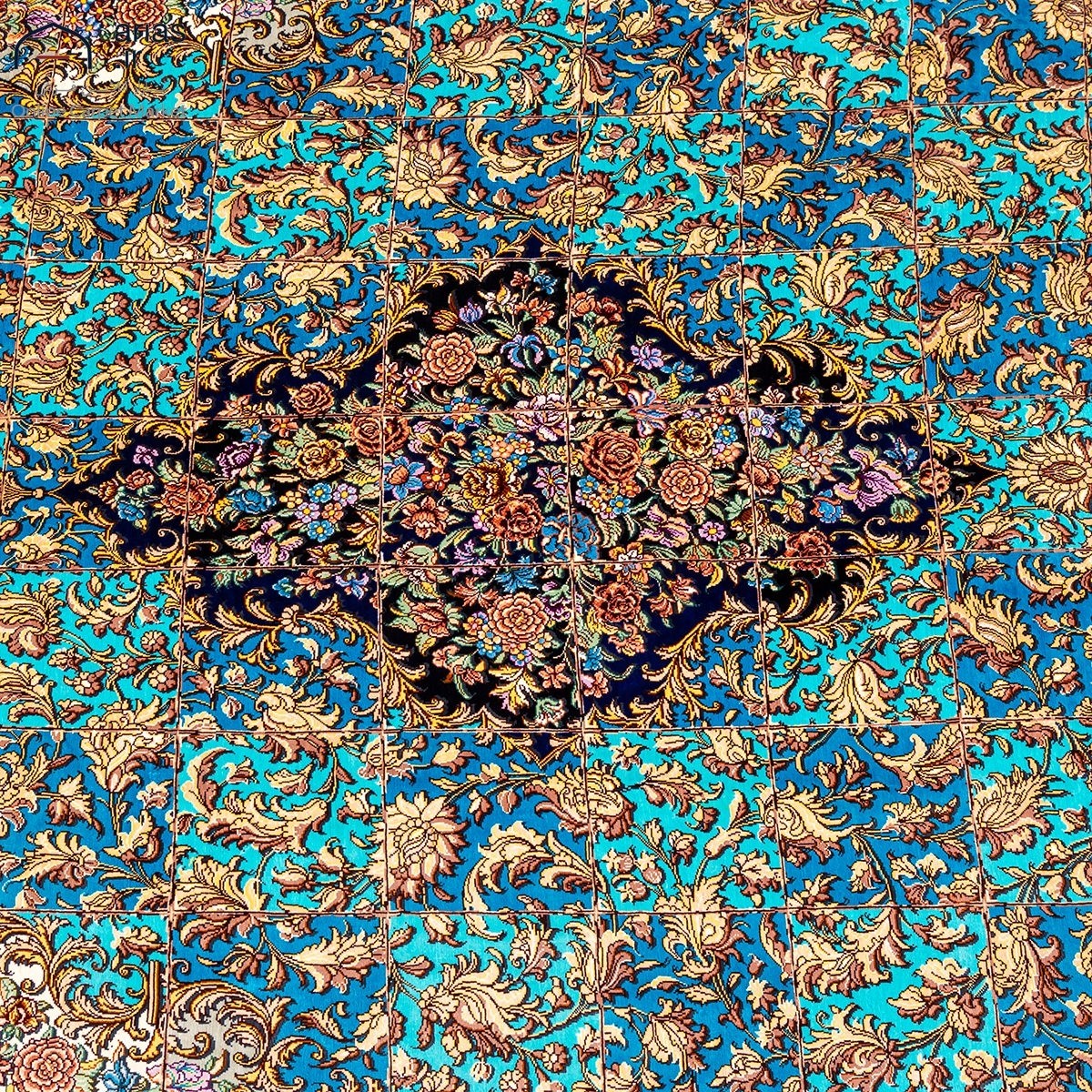 فرش دستباف سه متری تمام ابریشم زمینه آبی مارک شبیری ایمانی کد D02155G
