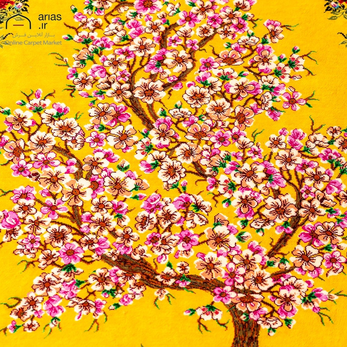 فرش دستباف 60 در 90 تمام ابریشم نقشه شکوفه گیلاس زمینه زرد مارک مهپور کد D02148G