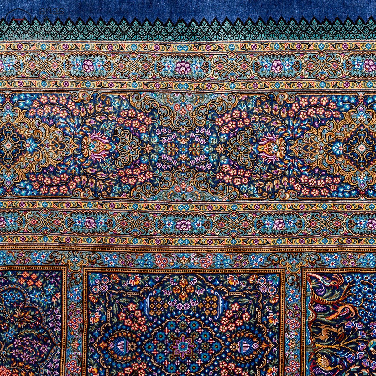 فرش دستباف شش متری تمام ابریشم طرح قابی زمینه آبی مارک باقرزاده
