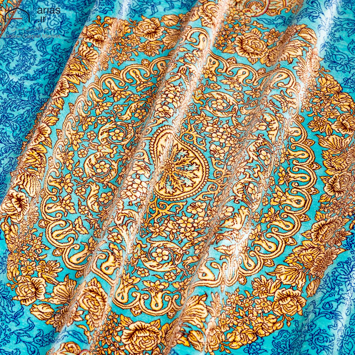 فرش دستباف سه متری تمام ابریشم زمینه آبی مارک ارمی