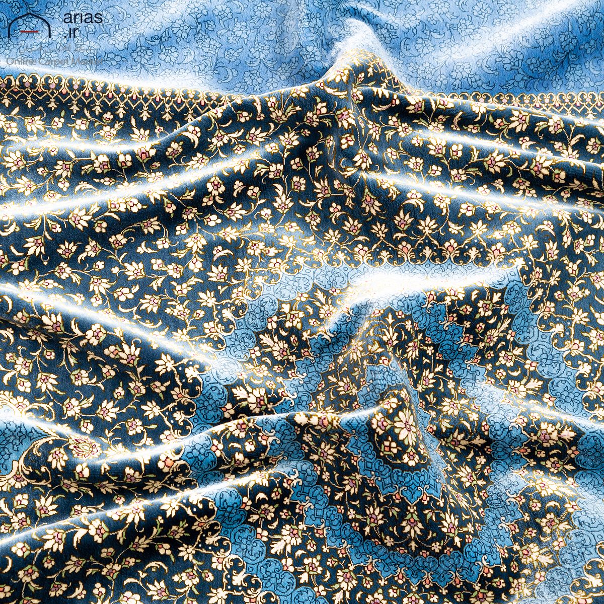 فرش دستباف سه متری تمام ابریشم طرح لچک ترنج زمینه آبی مارک شبیری ایمانی
