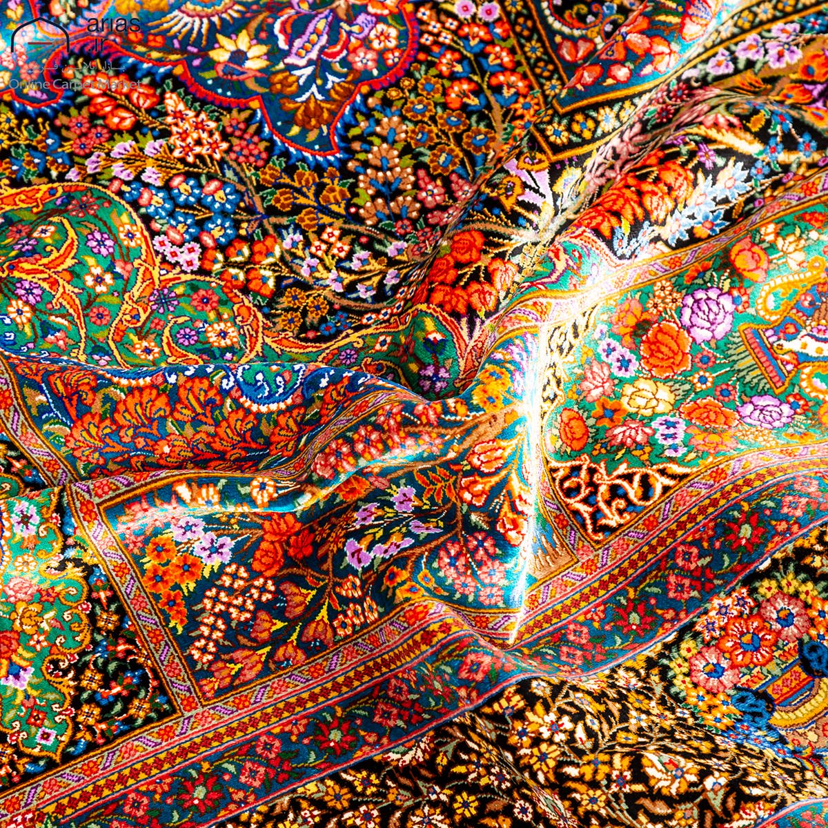 فرش دستباف سه متری تمام ابریشم نقشه طاووس مارک عربلو