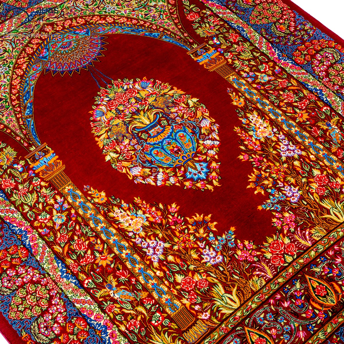 فرش دستباف ذرع و نیم ابریشم طرح لچک ترنج شیرازی کد D02480G