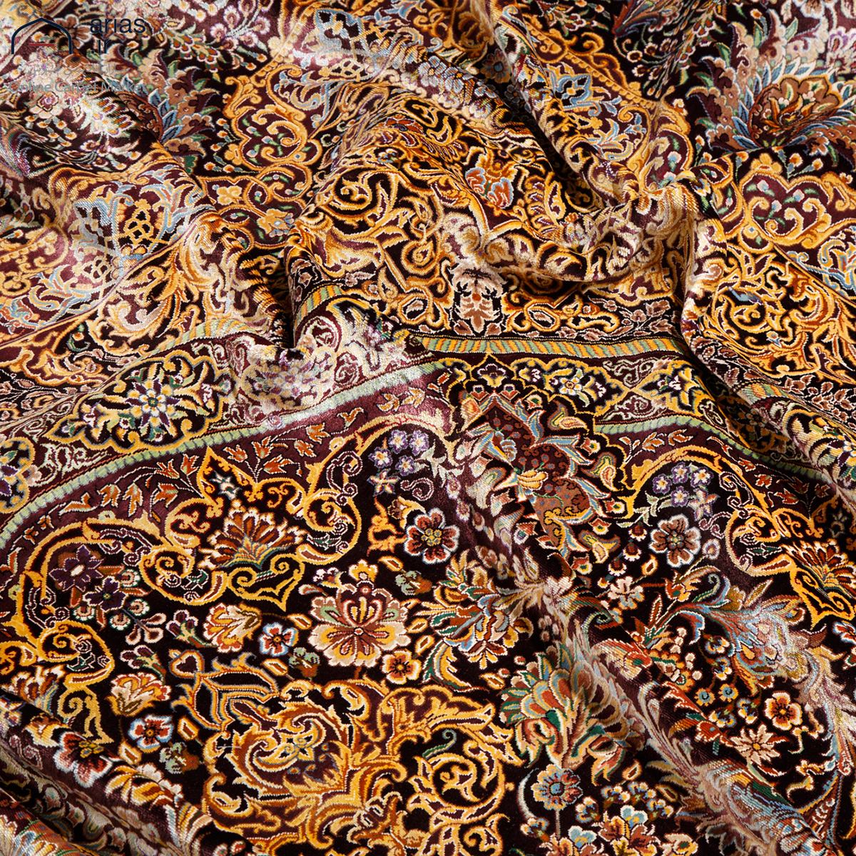 فرش دستباف شش متری تمام ابریشم طرح لچک ترنج زمینه قهوه ای مارک هاشمیان کد D02513G
