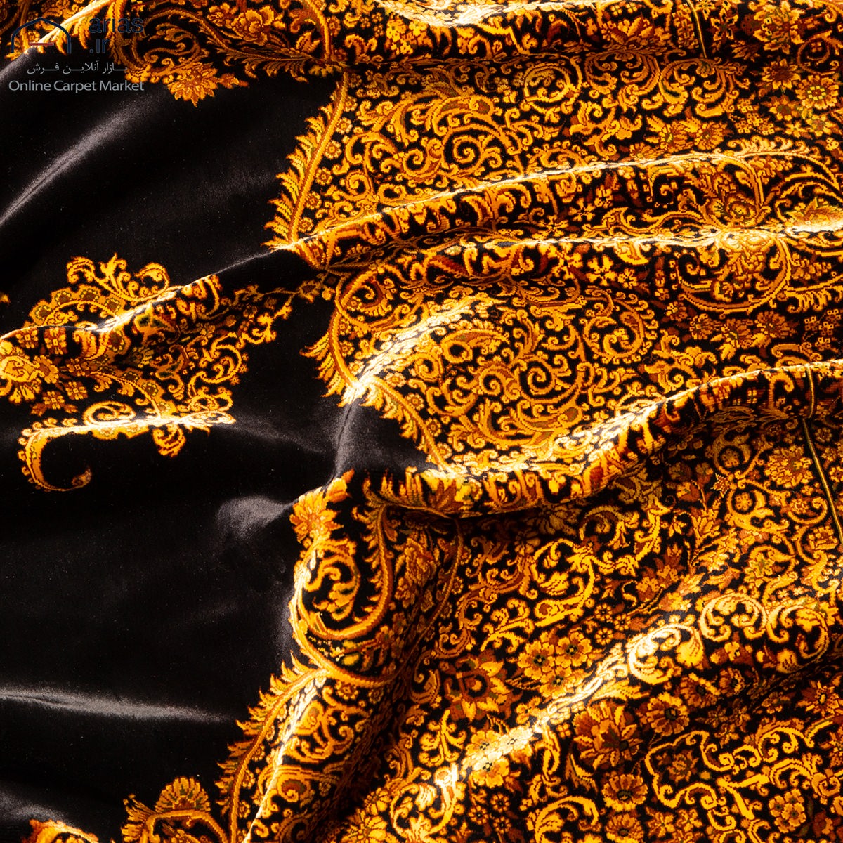 فرش دستباف سایز پرده ای تمام ابریشم طرح ورساچه زمینه مشکی مارک عطایی کد D02545G
