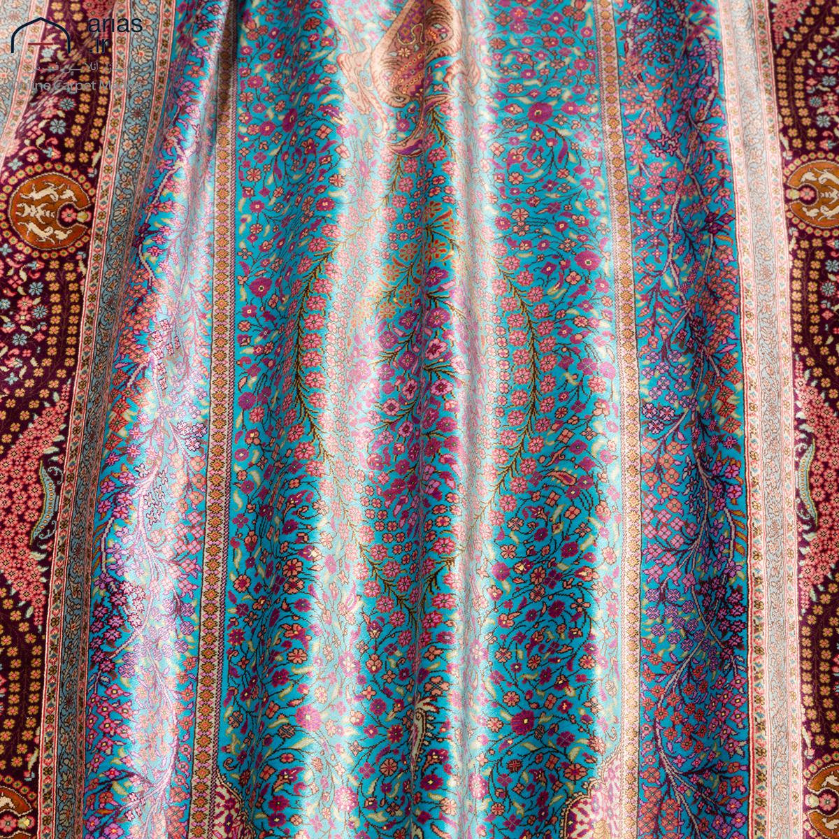 فرش دستباف ذرع و نیم تمام ابریشم طرح گلدانی زمینه آبی مارک عربلو کد D02552G