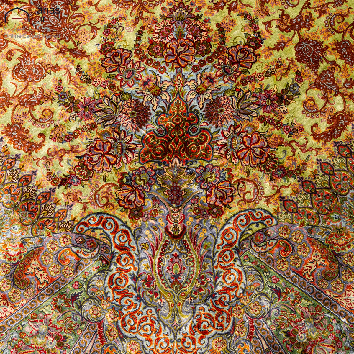 فرش دستباف دوازده متری ابریشم طرح لچک ترنج رسولی قم D02565G