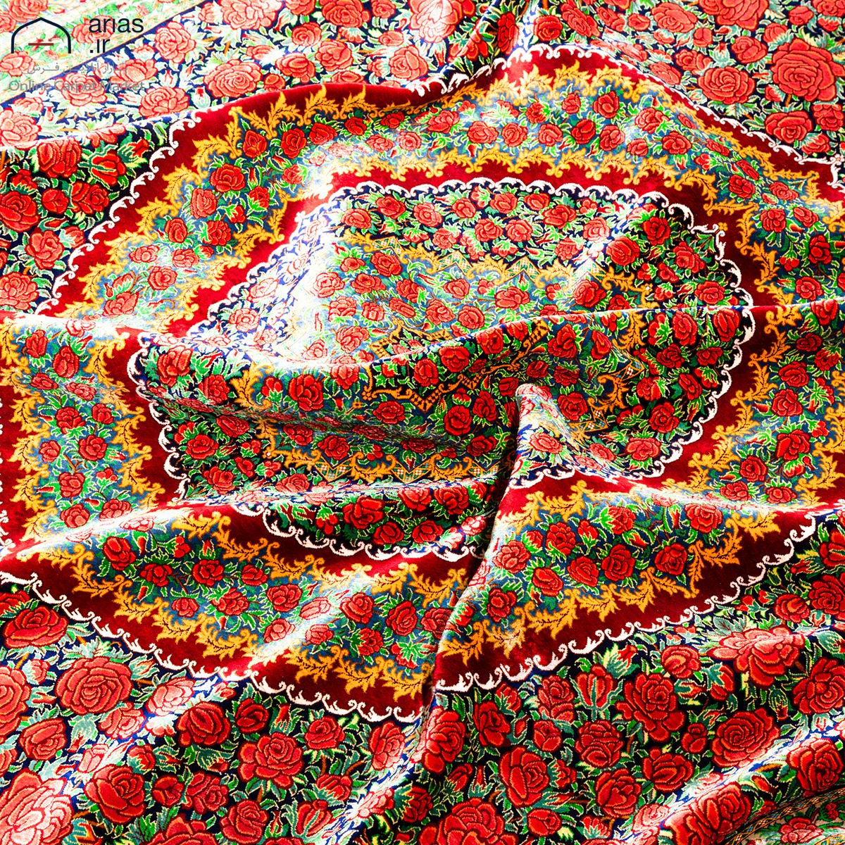 فرش دستباف نه متری تمام ابریشم طرح گل رز حیات بخش قم کد D02561G