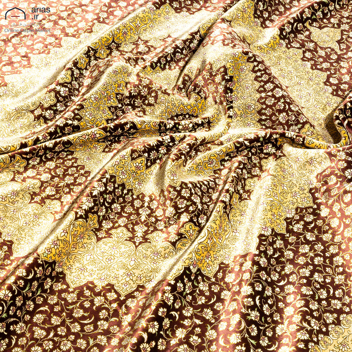 فرش دستباف شش متری تمام ابریشم طرح لچک ترج شبیری ایمانی زمینه قهوه ای طلایی قم کد D02591G