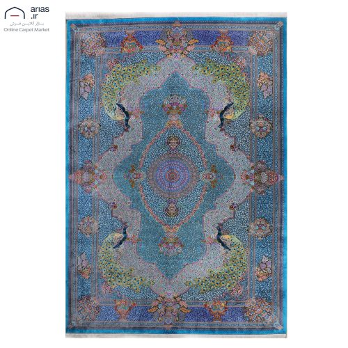فرش دستباف شش متری تمام ابریشم طرح طاووسی زمینه آبی مارک امیر بافت قم کد D02691G