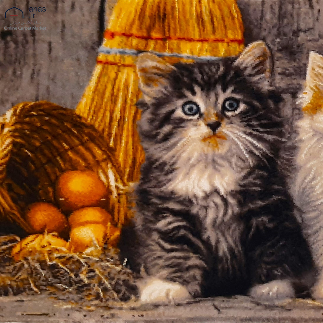 تابلو فرش دستباف گل ابریشم طرح دو بچه گربه بافت تبریز کد T02283