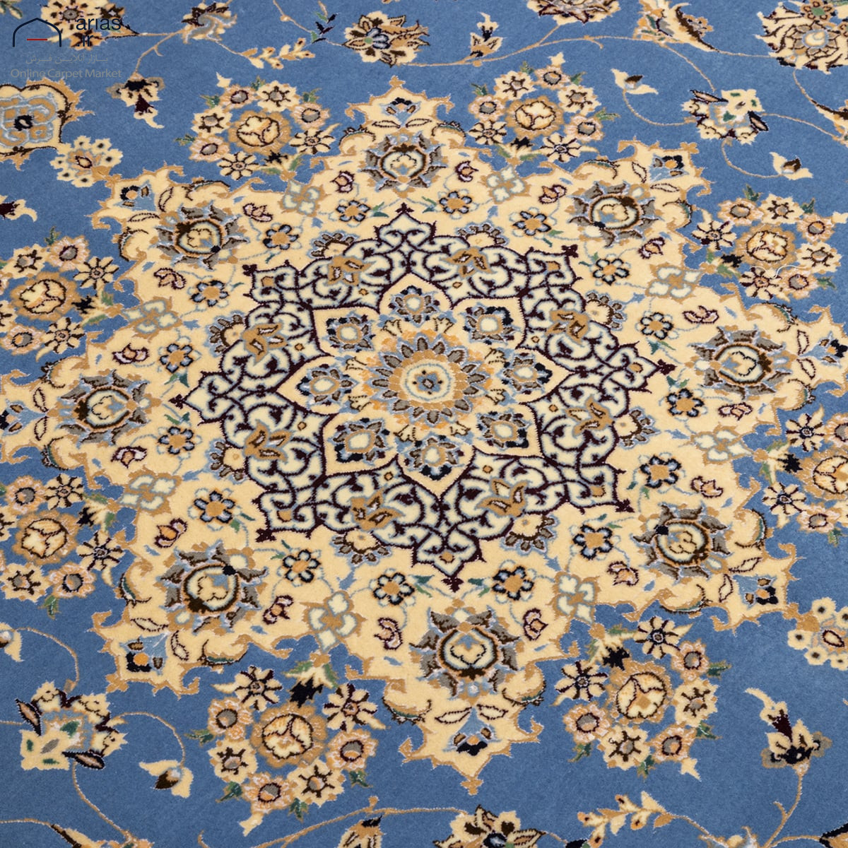 فرش دستباف شش متری ۶ لا طرح گل ابریشم زمینه آبی نایین D02425N