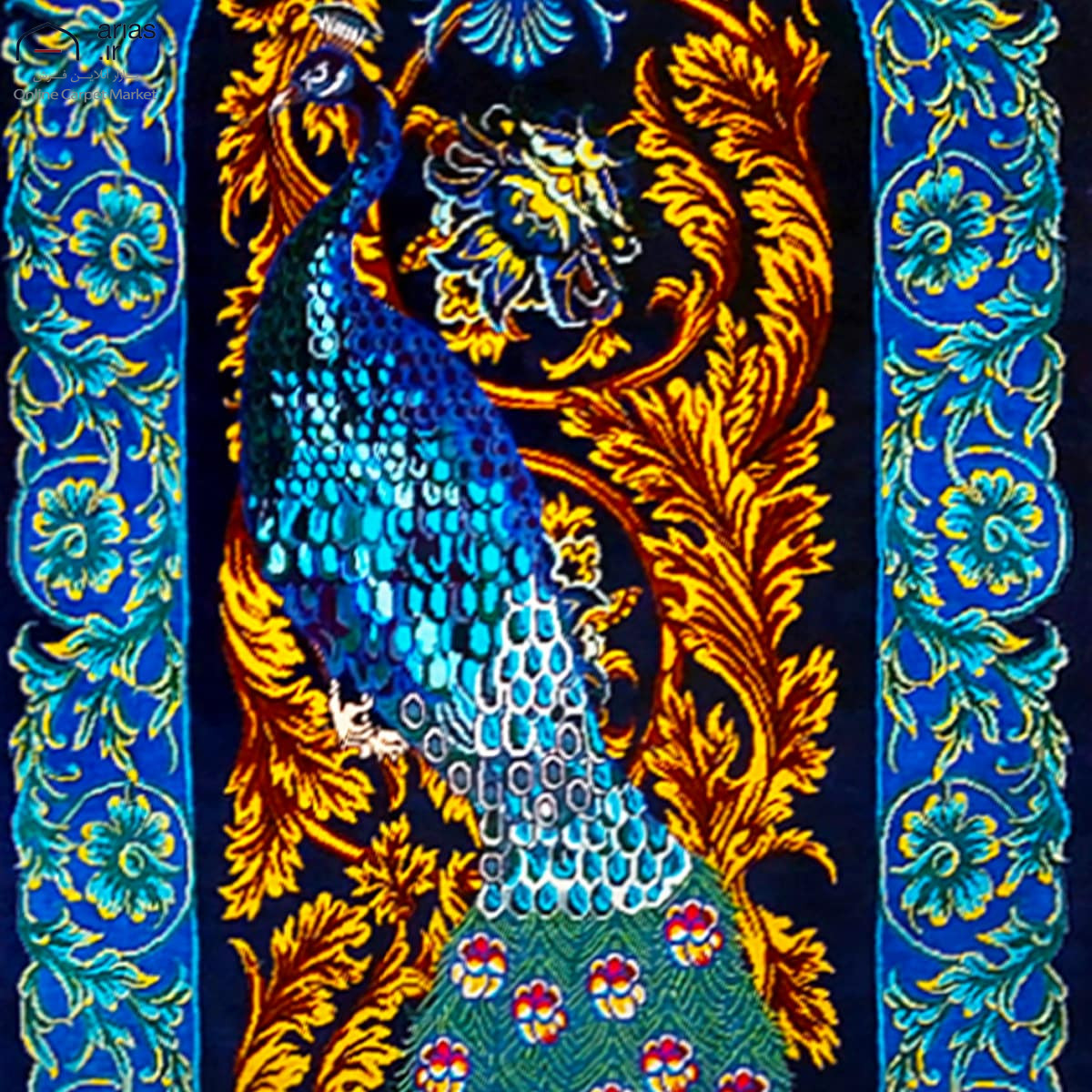 جفت فرش دستباف سایز رانر تمام ابریشم نقشه طاووس مارک نوری بافت قم کد D02798G