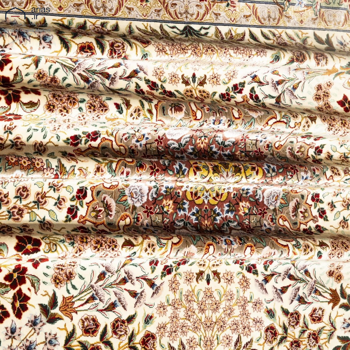 فرش دستباف سه متری تمام ابریشم نقشه لچک ترنج مارک شرکت فرش بافت قم G02233