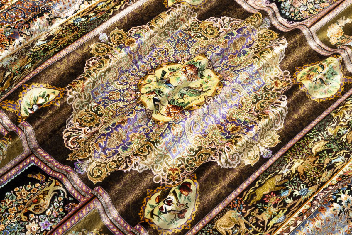 فرش دستباف شش متری تمام ابریشم نقشه انحصاری ترنجی قابی مارک اکبرزاده بافت قم کد D02861G