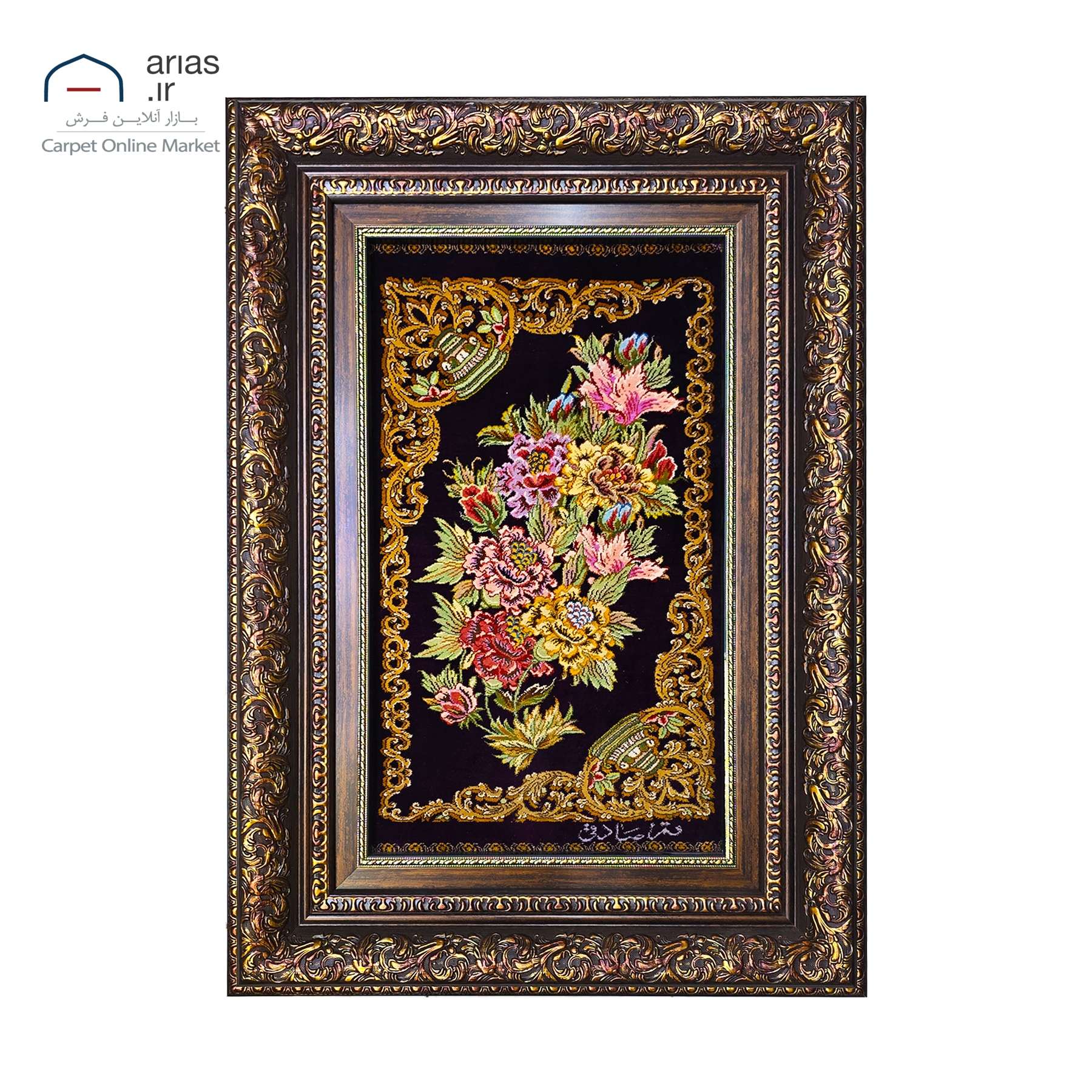 تابلو فرش دستباف عمودی تمام ابریشم طرح گل بافت قم کد D11120G