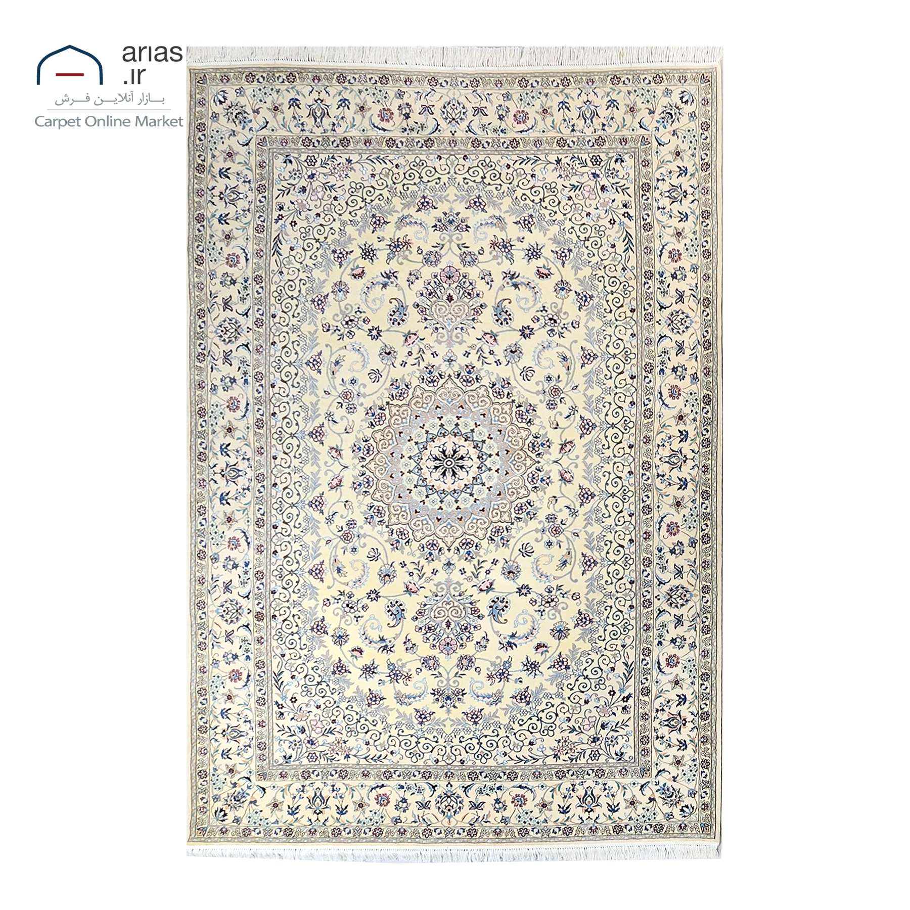 فرش دستباف 6 متری نقشه لچک و ترنج چله نخ گل ابریشم بافت نایین کد D19102N
