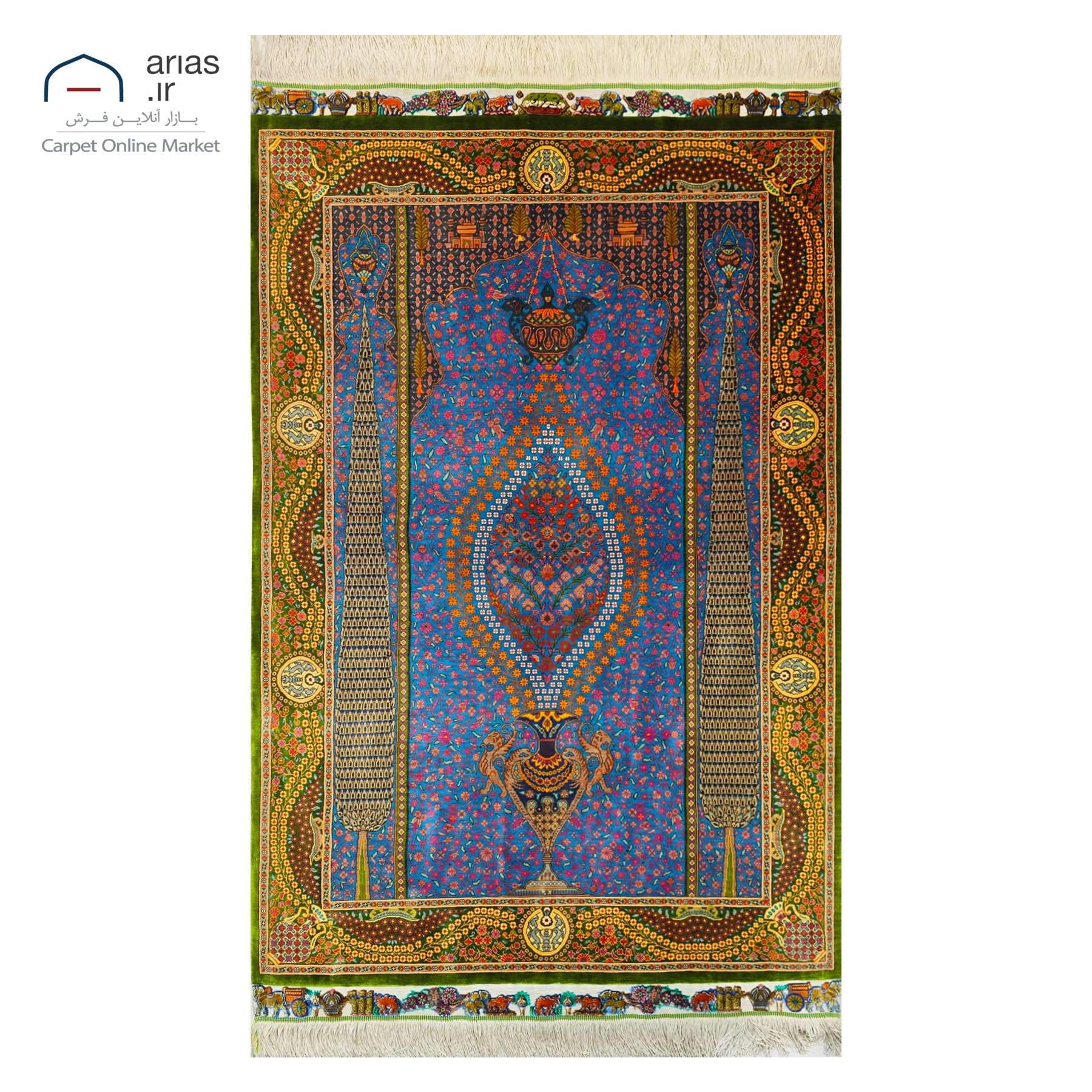 فرش دستباف ذرع چارک تمام ابریشم طرح گلدانی مارک عربلو زمینه آبی بافت قم کد D03238G