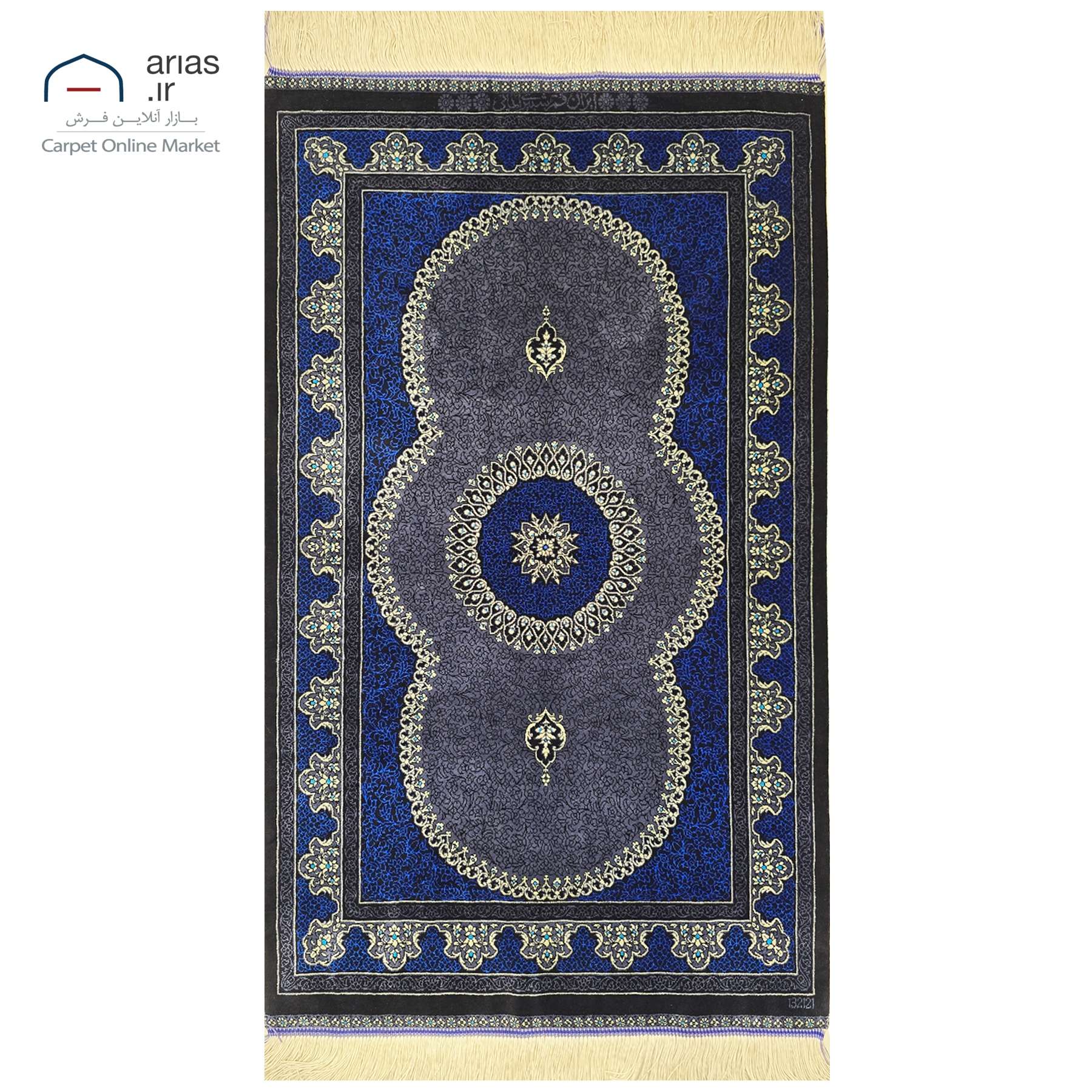 فرش دستباف 60 در 90 تمام ابریشم نقشه لچک و ترنج زمینه آبی مارک شبیری ایمانی بافت قم کد D03250G