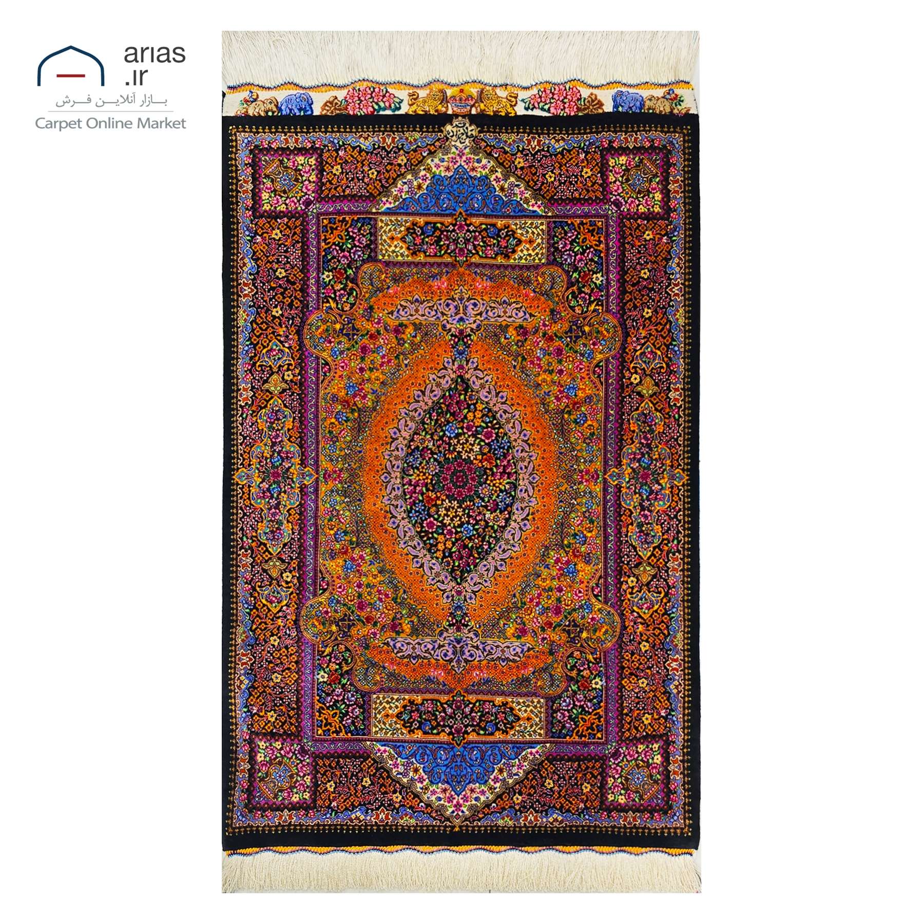 فرش دستباف 60 در 90 تمام ابریشم نقشه لچک و ترنج زمینه نارنجی مارک حلاج زاده بافت قم کد D03256G