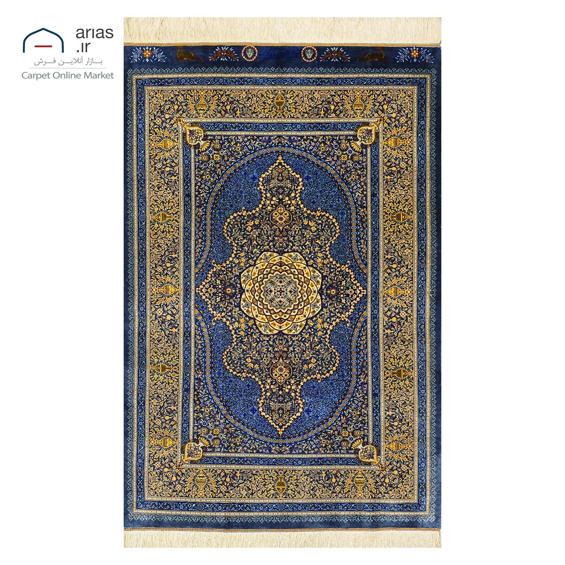 فرش دستباف ذرع چارک تمام ابریشم زمینه آبی مارک صدیقیان بافت قم کد D03259G