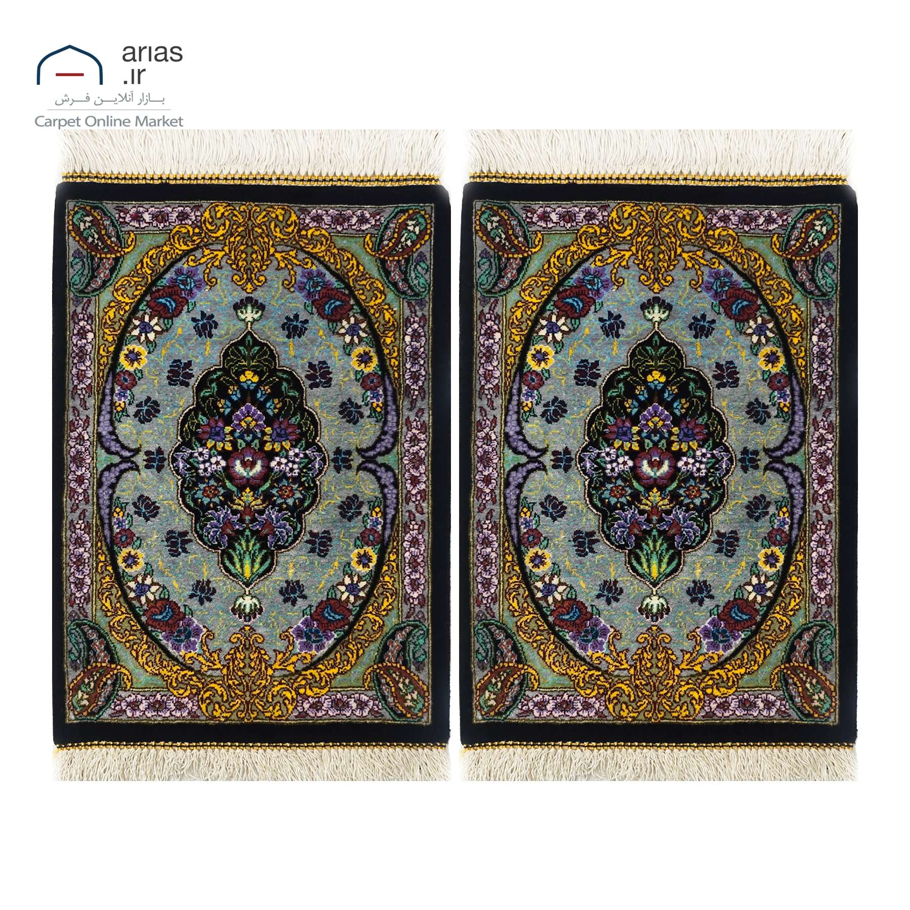 فرش جفت زیرتلفنی تمام ابریشم زمینه آبی بافت قم کد D03264G