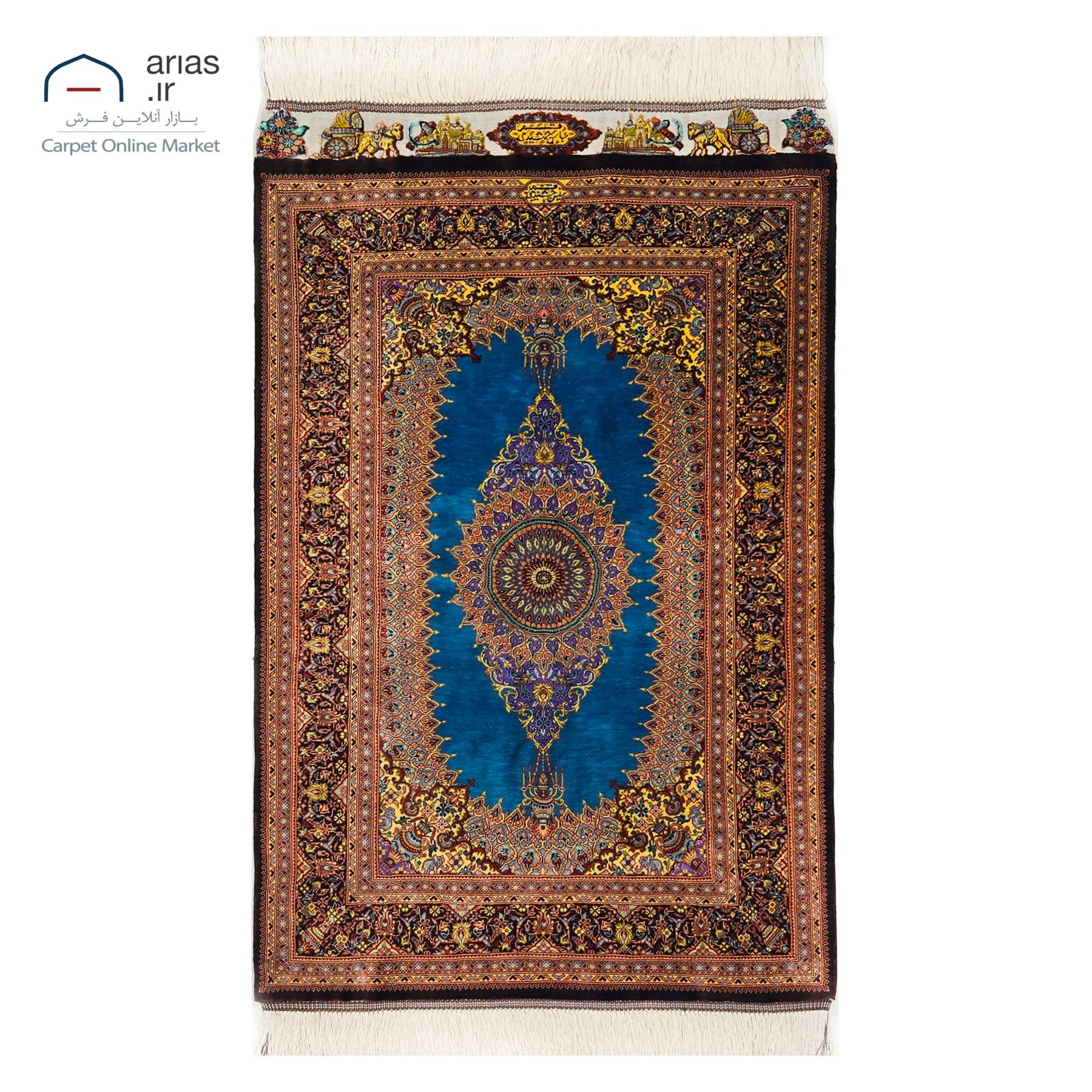 فرش دستباف 60 در 90 تمام ابریشم نقشه جمشیدی زمینه آبی قهوه ای مارک عباس جمشیدی بافت قم کد D03275G