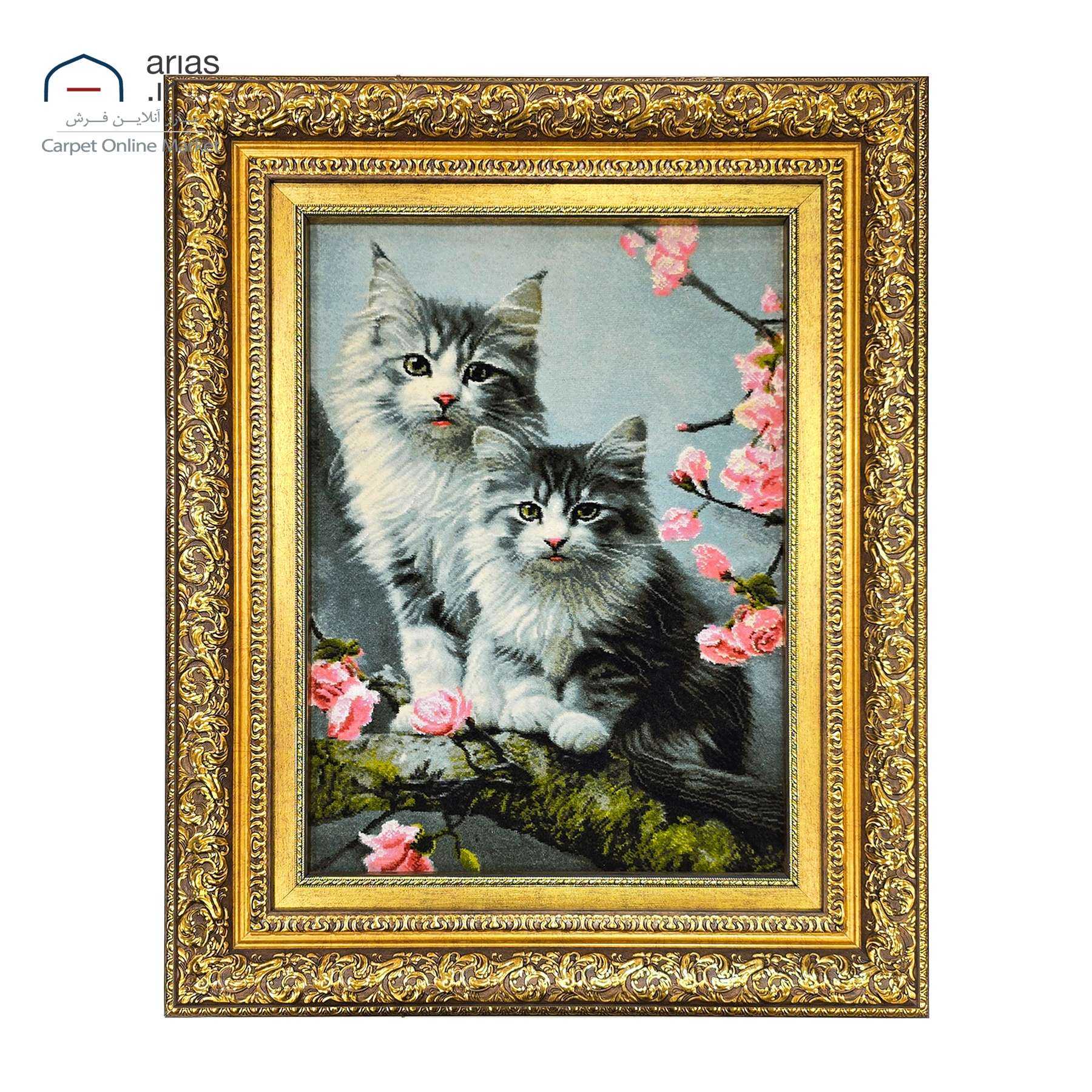تابلو فرش دستباف عمودی دوگربه چله نخ گل ابریشم بافت تبریز کد T11017