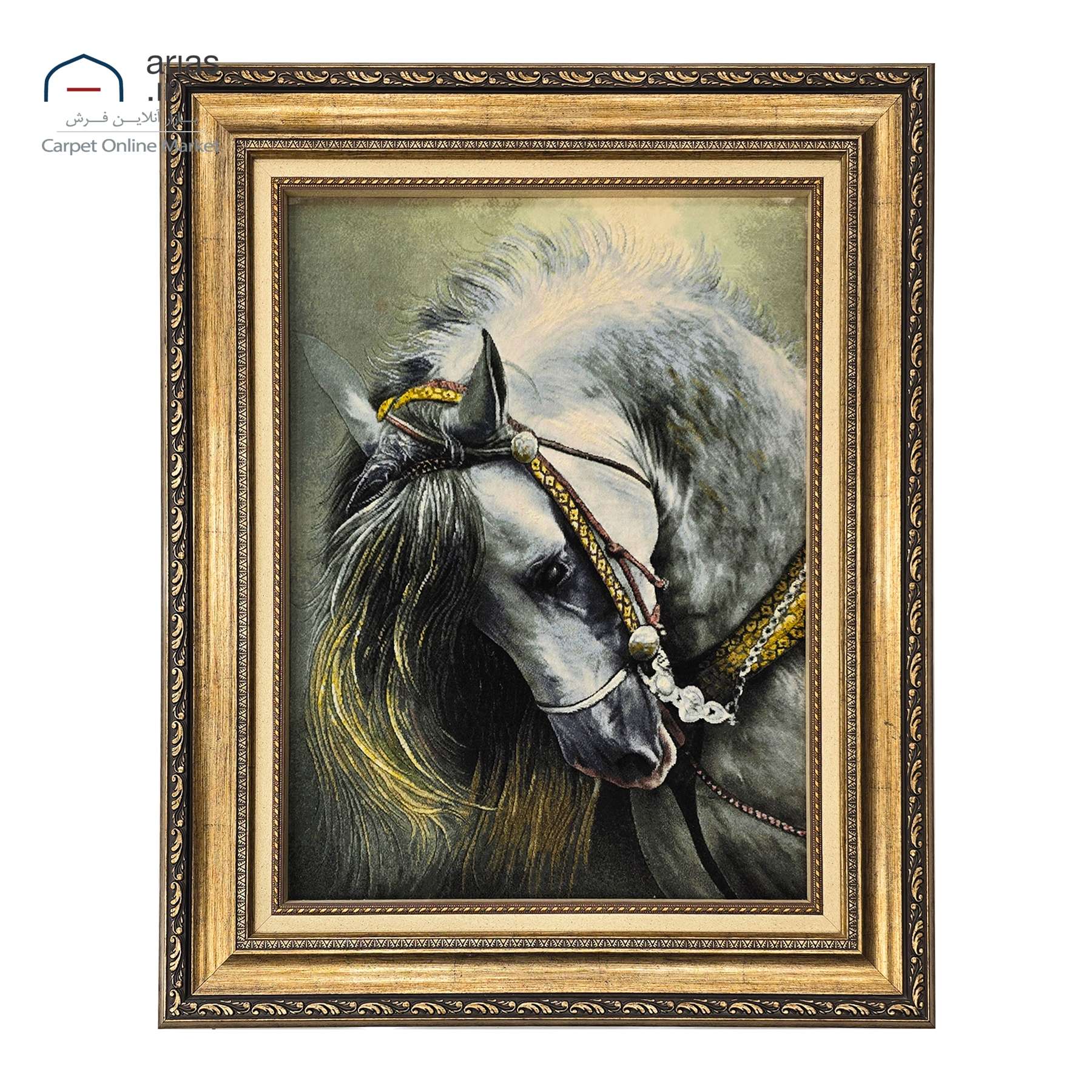 تابلو فرش دستباف عمودی کله اسب چله نخ گل ابریشم بافت تبریز کد T11018