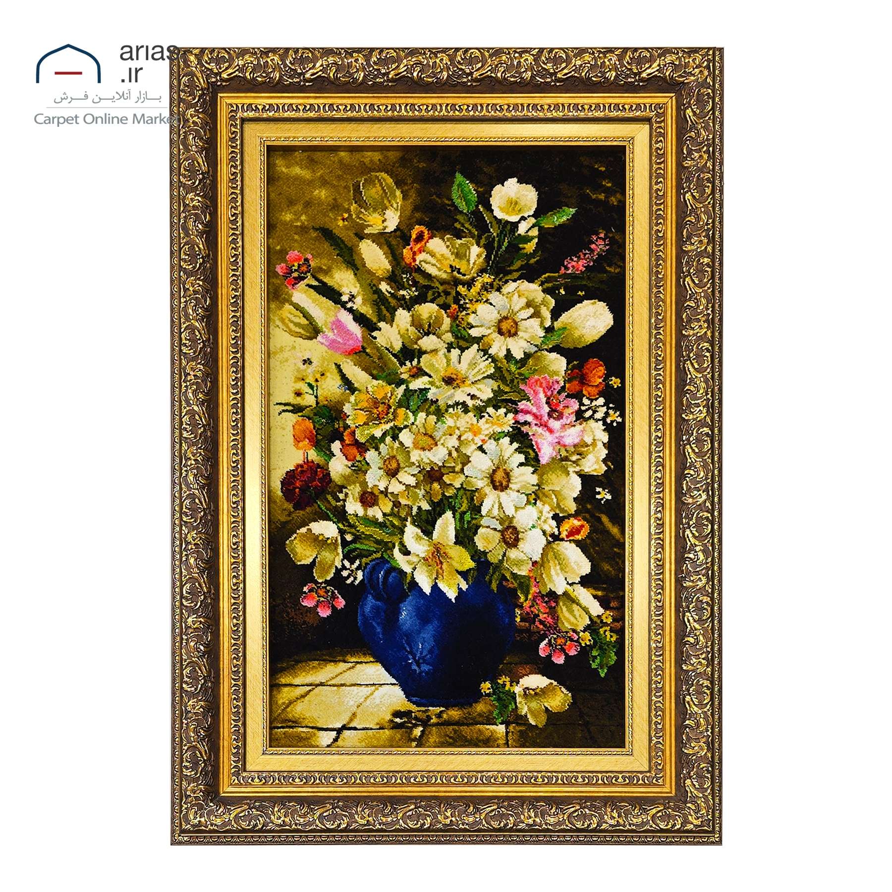 تابلو فرش دستباف عمودی گل چله نخ گل ابریشم بافت تبریز کد T11026