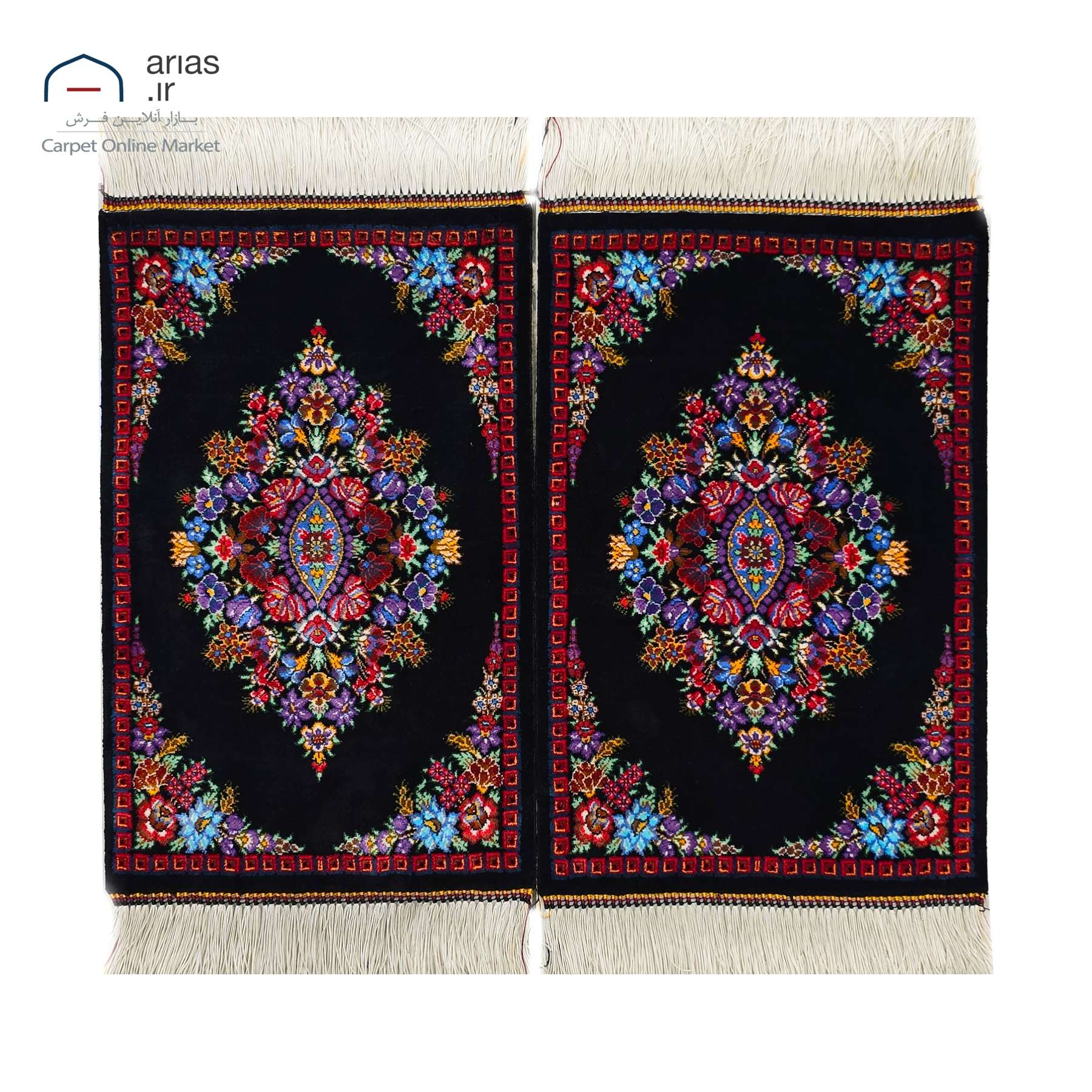 فرش جفت زیرتلفنی تمام ابریشم کف ساده زمینه مشکی بافت قم کد D03272G