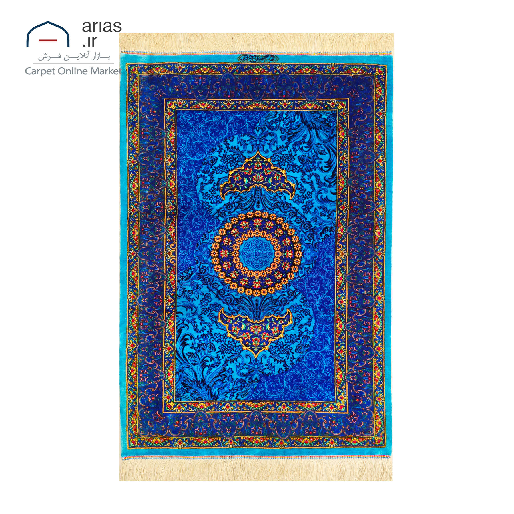 فرش دستباف 60 در 90 تمام ابریشم طرح لچک ترنج زمینه آبی مارک موسوی بافت قم کد D03337G
