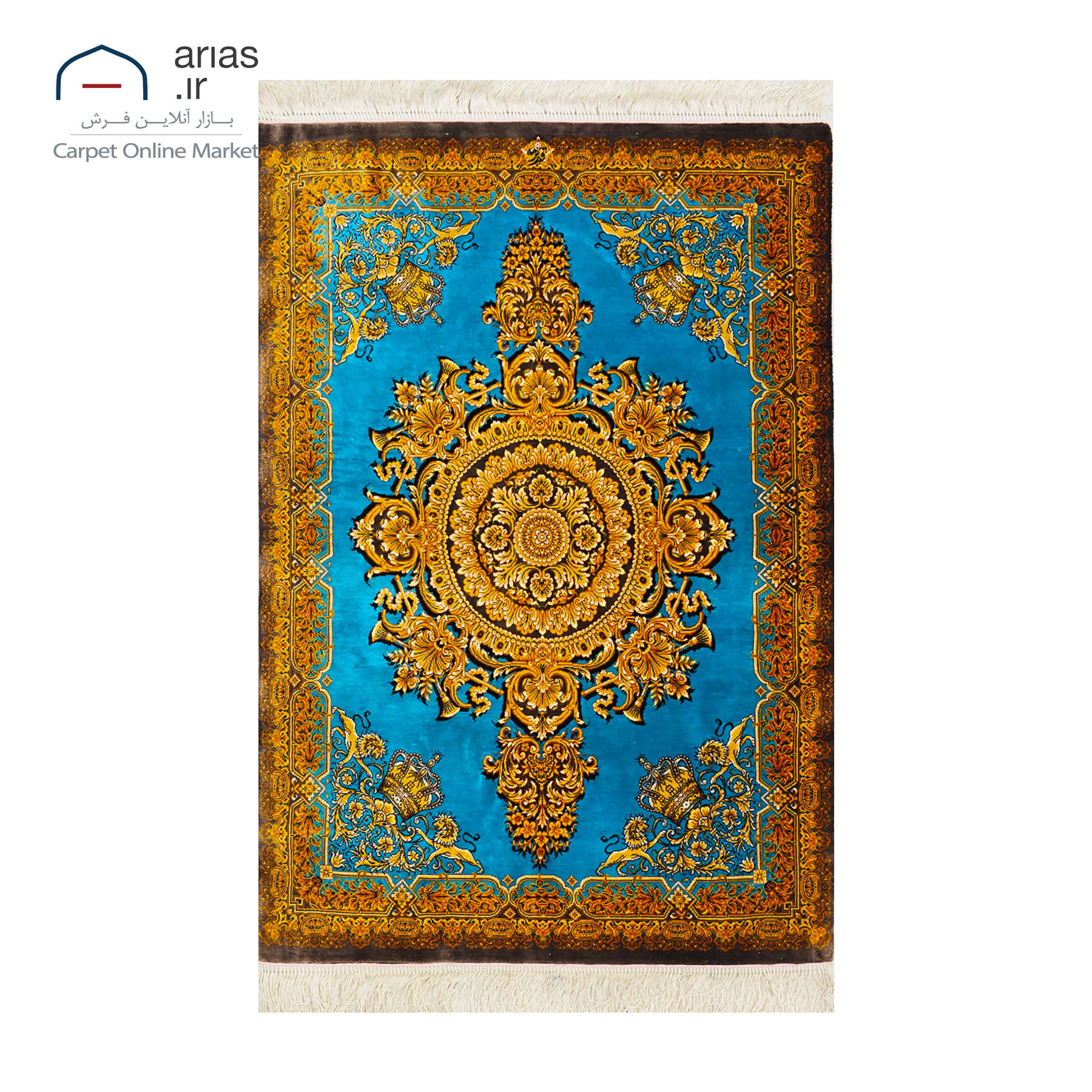 فرش دستباف 60 در 90 تمام ابریشم کف ساده گل زمینه آبی مارک ترمه بافت قم کد D03344G