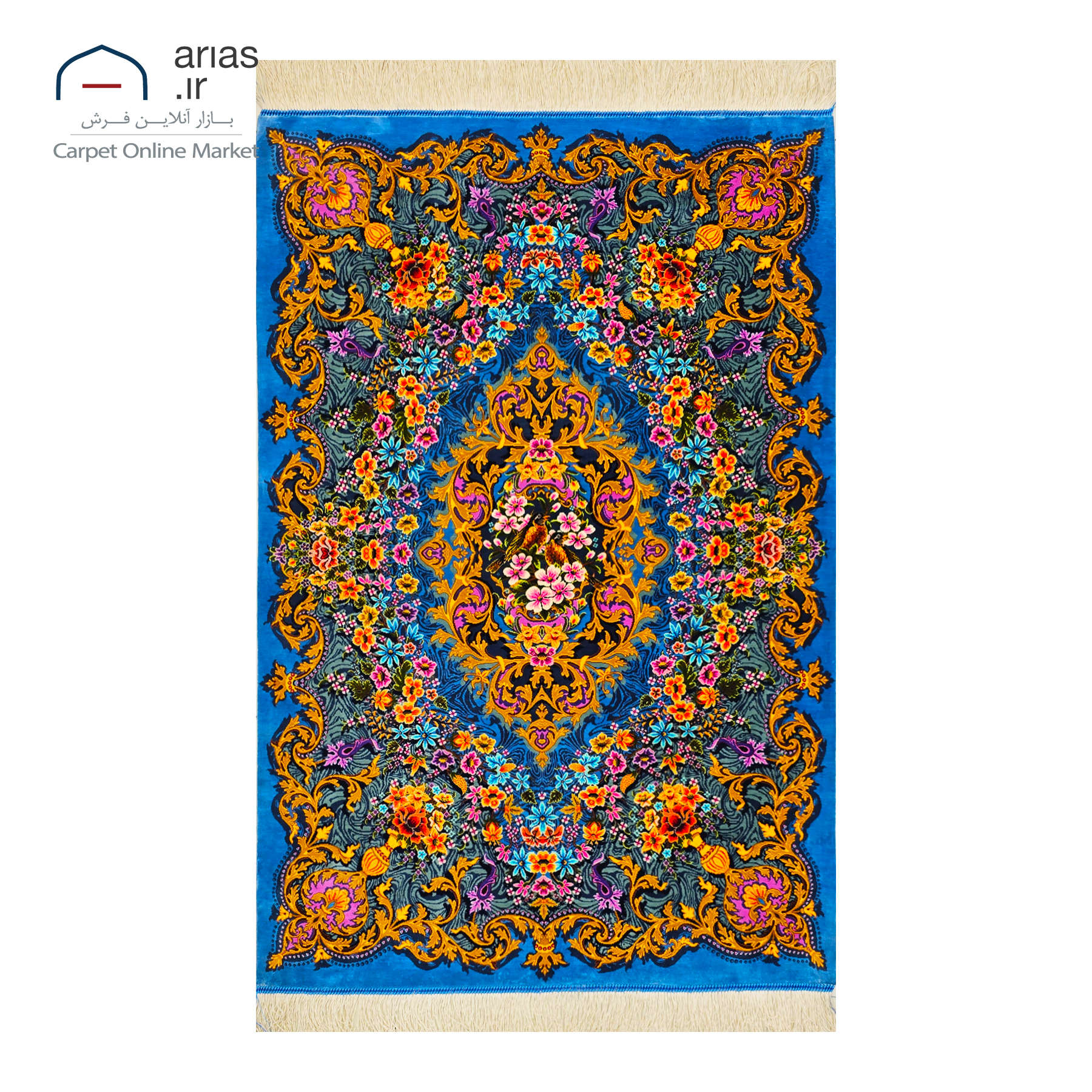 فرش دستباف ذرع چارک تمام ابریشم نقشه ترنجی زمینه آبی مارک تاری بافت قم کد D03347G