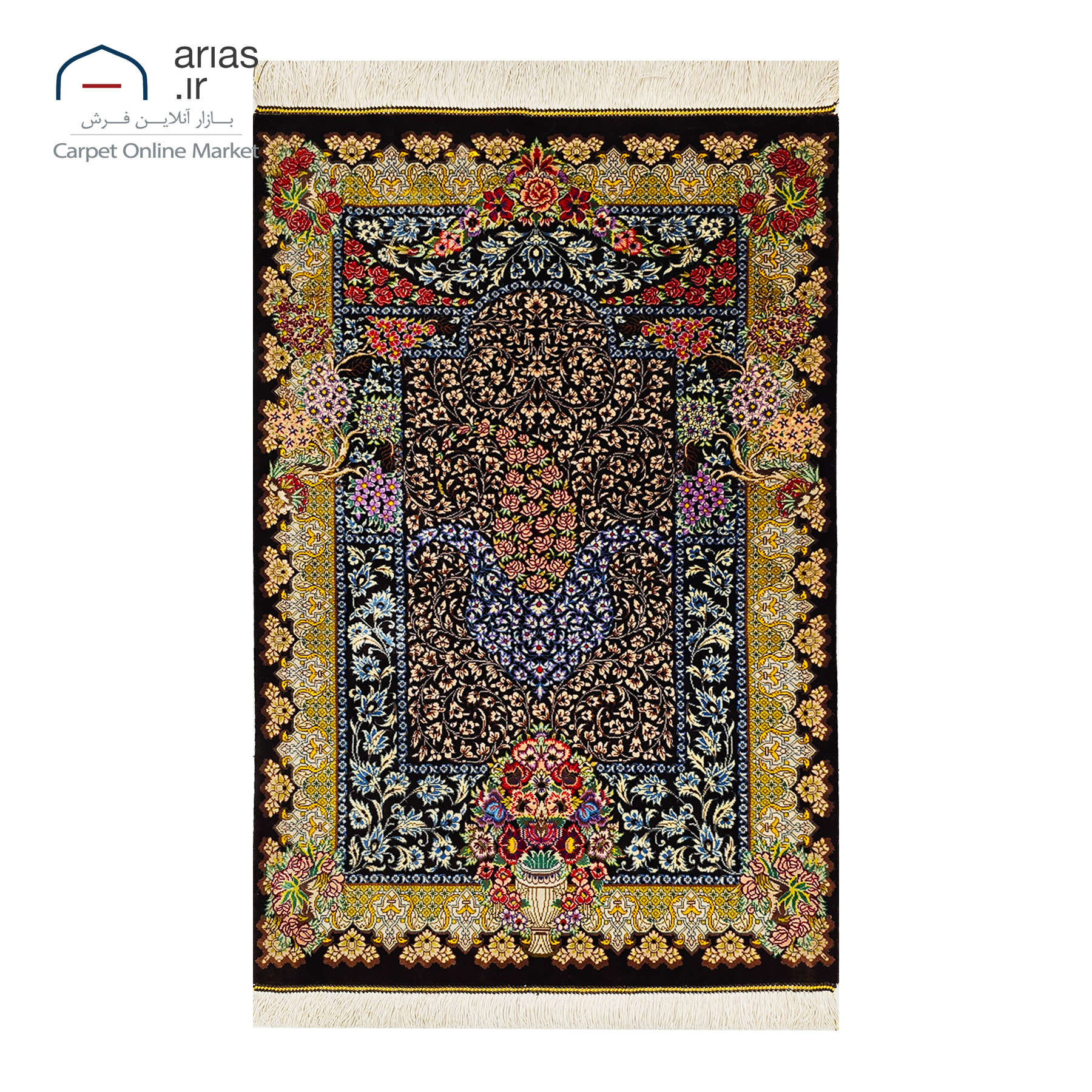 فرش دستباف 60 در 90 تمام ابریشم نقشه گلدانی زمینه مشکی مارک اکبرزاده بافت قم کد D03353G