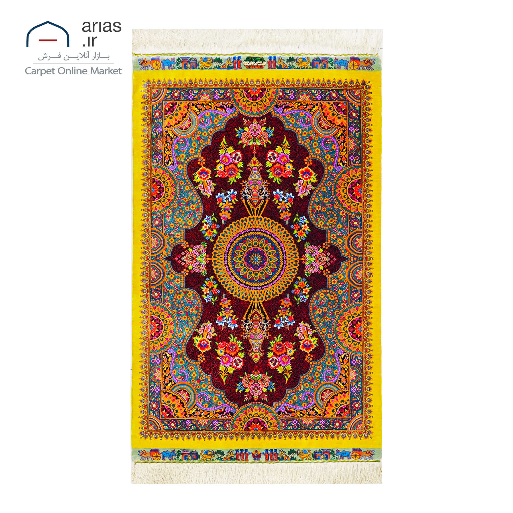 فرش دستباف 60 در 90 تمام ابریشم نقشه لچک زمینه مسی مارک عربلو بافت قم کد D03354G