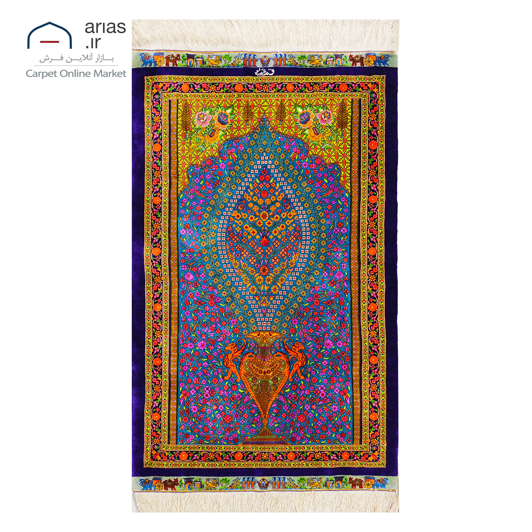 فرش دستباف 60 در 90 تمام ابریشم نقشه گلدانی گل زمینه آبی مارک عربلو بافت قم کد D03355G