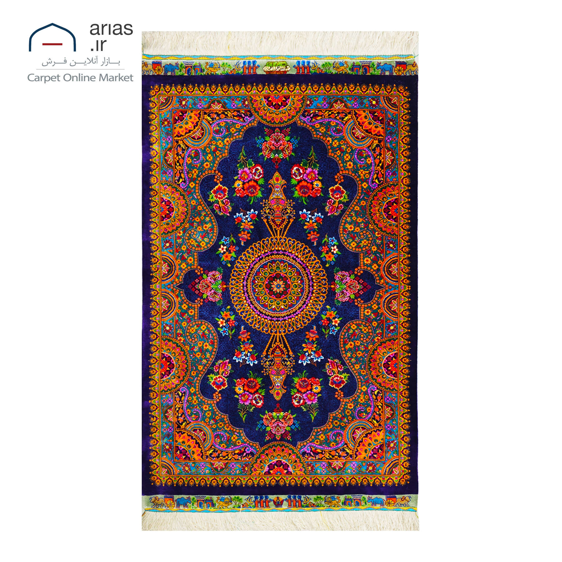 فرش دستباف 60 در 90 تمام ابریشم نقشه لچک ترنج زمینه سرمه ای مارک عربلو بافت قم کد D03356G